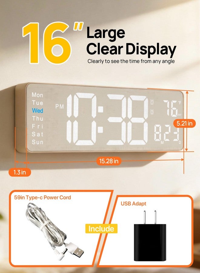 MASHI 2026 Upgrade Digital Wall Clock, 16" Large Display Digital Clock with Remote Control, Auto-Dimming Wall Clock with Night Light, DST, Date Week,Temp for Living Room, Gift for Elderly (Beige) - Image 2