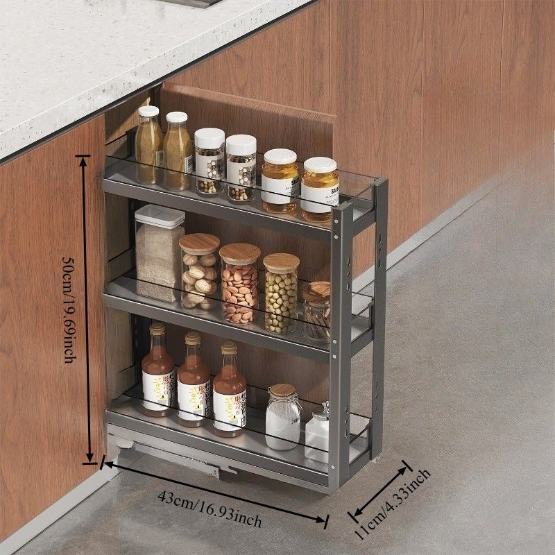 3-Tier Kitchen Cabinet Pull-Out Shelf Organizer, Under-Sink Sliding Storage Rack with Smooth Glide Rails, Narrow Spice Rack for Pantry Cabinet, Metal Frame & Acrylic Shelves, Space-Saving Organizer for Seasoning, Condiments & Kitchen Supplies - Image 1