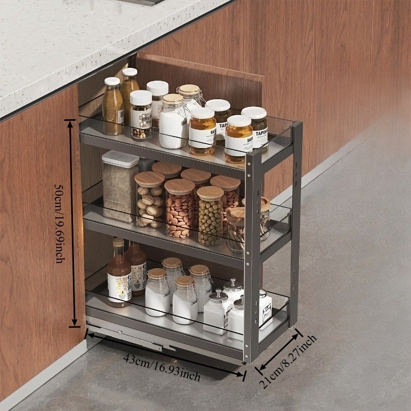 3-Tier Kitchen Cabinet Pull-Out Shelf Organizer, Under-Sink Sliding Storage Rack with Smooth Glide Rails, Narrow Spice Rack for Pantry Cabinet, Metal Frame & Acrylic Shelves, Space-Saving Organizer for Seasoning, Condiments & Kitchen Supplies - Image 4