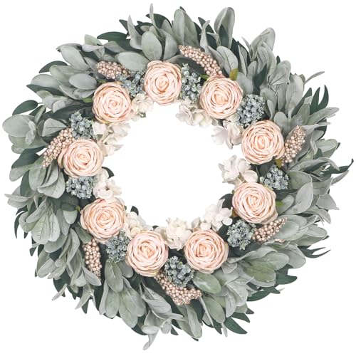Kmise 24" Wreaths for Front Door, Apricot Rose Wreath with Flocked Lamb Ear for Wall Window Home Porch Indoor Wedding Anniversary Festival Décor - Image 1