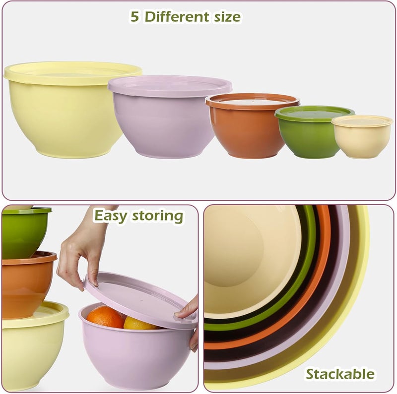 Greentainer Plastic Mixing Bowls Set with Lids, Nesting Bowls for Prepping, Serving, Cooking & Baking, Large Mixing Salad Bowl for Kitchen, Reusable, Dishwasher & Microwave Safe, Set of 5(Olive-green) - Image 5