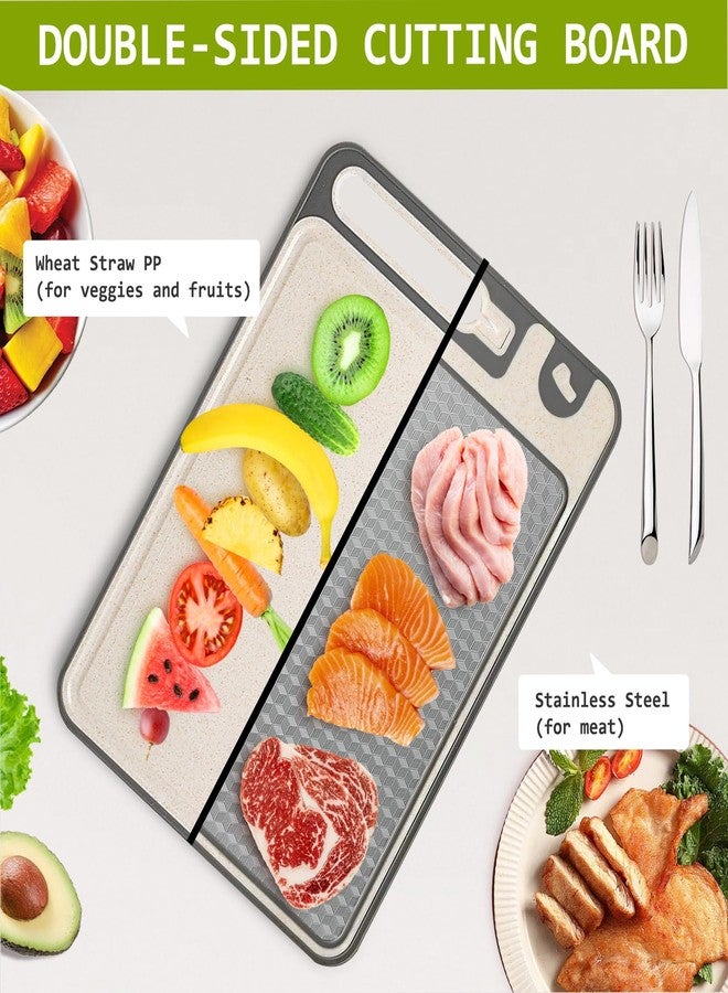 NTIERA 3-in-1 Stainless Steel Cutting Board for Kitchen, Double Sided,Non Toxic Cutting Board,Scratch-Resistant Mesh Design with Juice Groove,Easy Clean,Wheat Straw PP Large Chopping Board (15''*10'') - Image 2