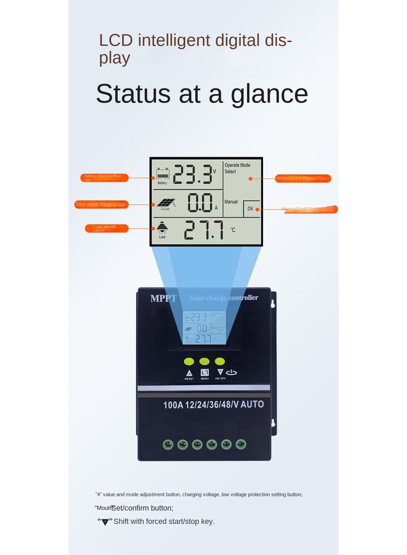 MPPT Solar Controller, 100A 12V/24V/36V/48V Adaptive Solar Panel Regulator with Dual USB Backlit LCD Display Clock Display Solar Controller for Gel Flooded LifePO4 Battery - Image 4