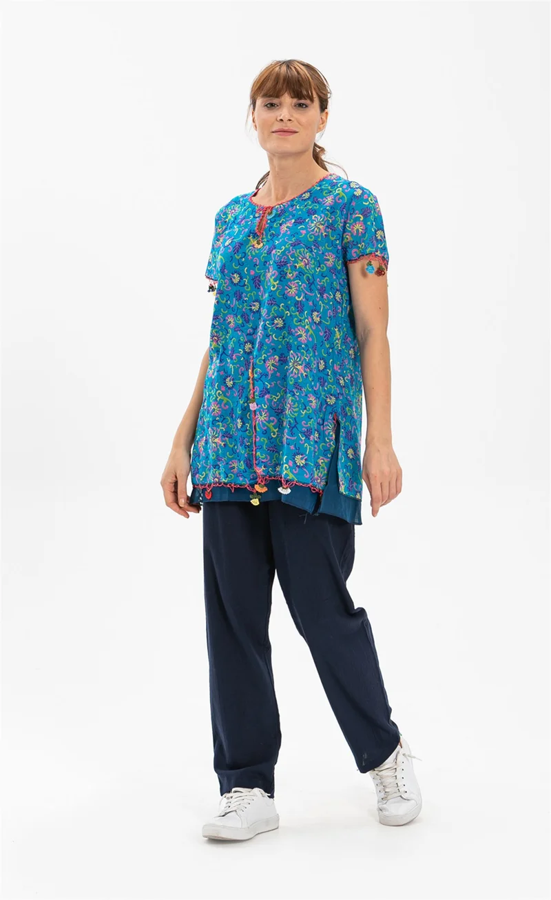 اليش شيل بيزي Short Sleeve Voile Ceyda Blouse Floral Pattern Turquoise 6175