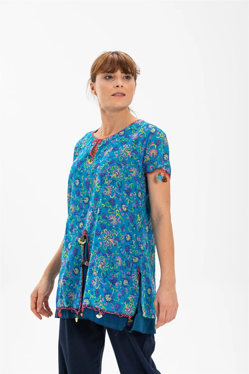اليش شيل بيزي Short Sleeve Voile Ceyda Blouse Floral Pattern Turquoise 6175