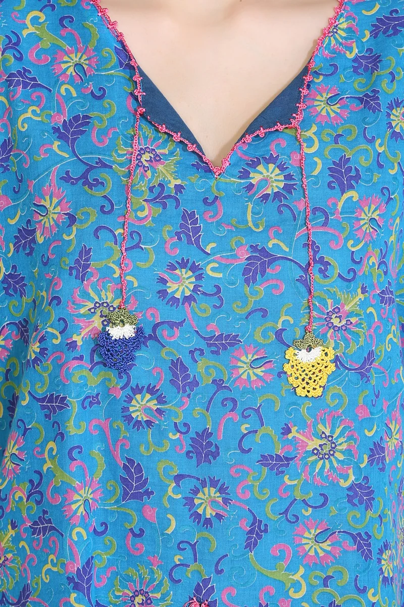 اليش شيل بيزي Short Sleeve Voile Ceyda Blouse Floral Pattern Turquoise 6175