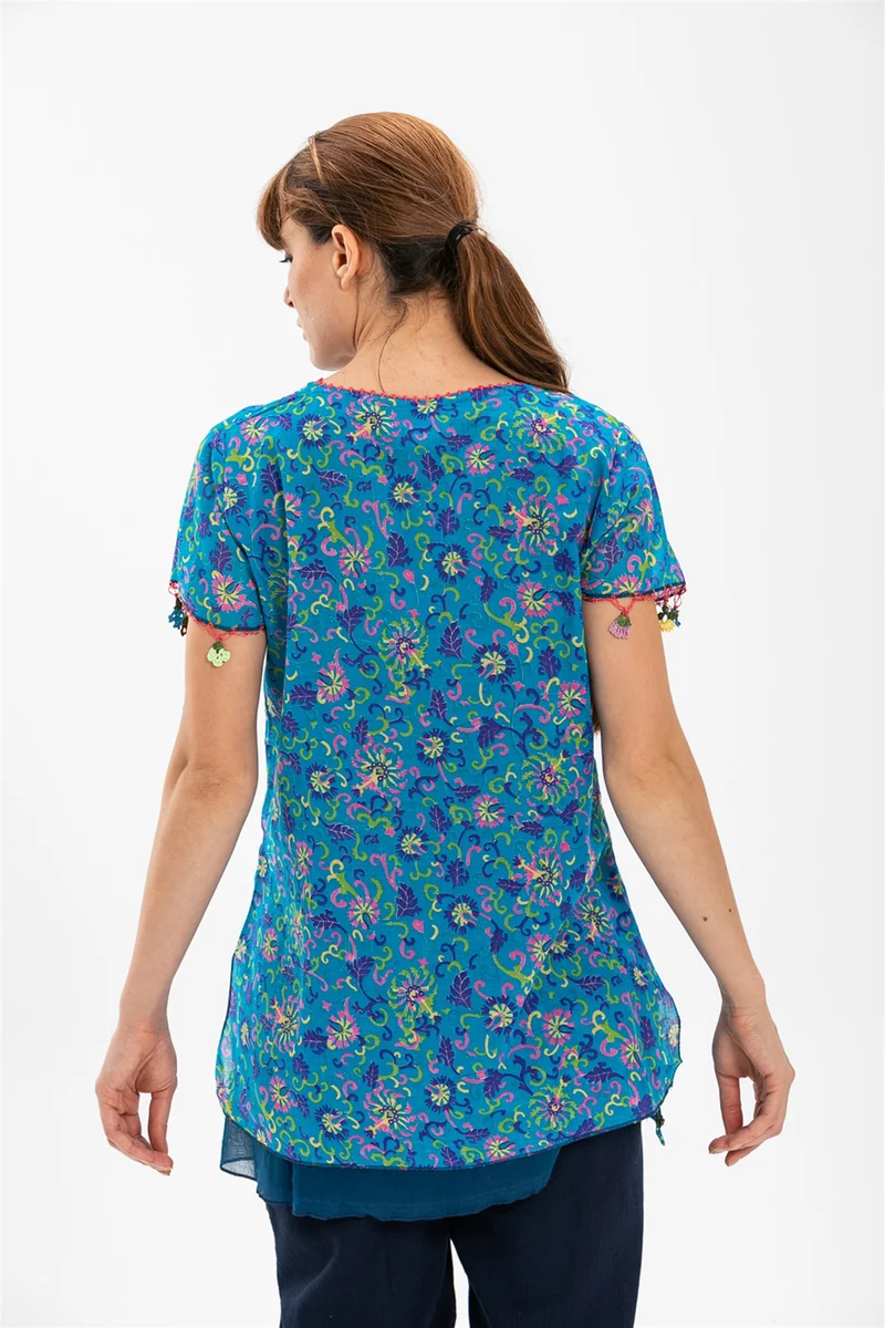 اليش شيل بيزي Short Sleeve Voile Ceyda Blouse Floral Pattern Turquoise 6175