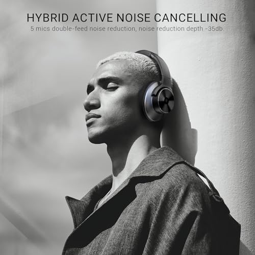 OneOdio A10 Hybrid Active Noise Cancelling Headphones, Hi-Res Audio, 50H Playtime with Speed Charge, Travel Case, Wireless/Wired, Built-in Mic, Bluetooth Over Ear Headphones for Work Travel - Image 2