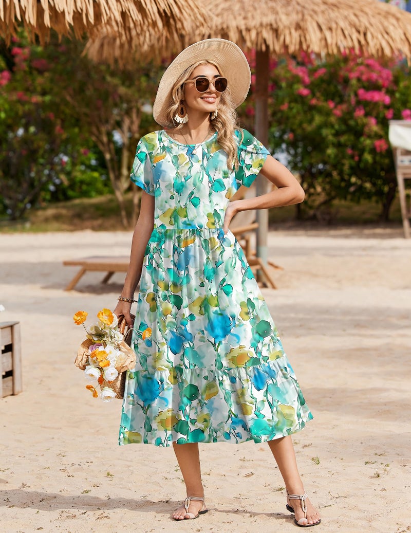 Zeagoo T Shirt Dress for Women Short Sleeve A Line Midi Dresses Summer Casual Loose Tiered Dress with Pockets 2026 Trendy Shift Flowy Swing Dress Blue Brown Floral M - Image 5