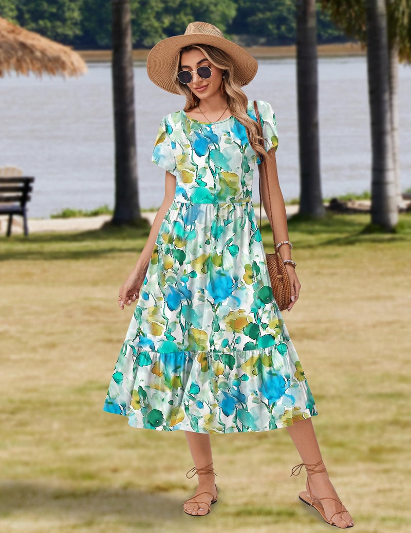 Zeagoo T Shirt Dress for Women Short Sleeve A Line Midi Dresses Summer Casual Loose Tiered Dress with Pockets 2026 Trendy Shift Flowy Swing Dress Blue Brown Floral M - Image 3