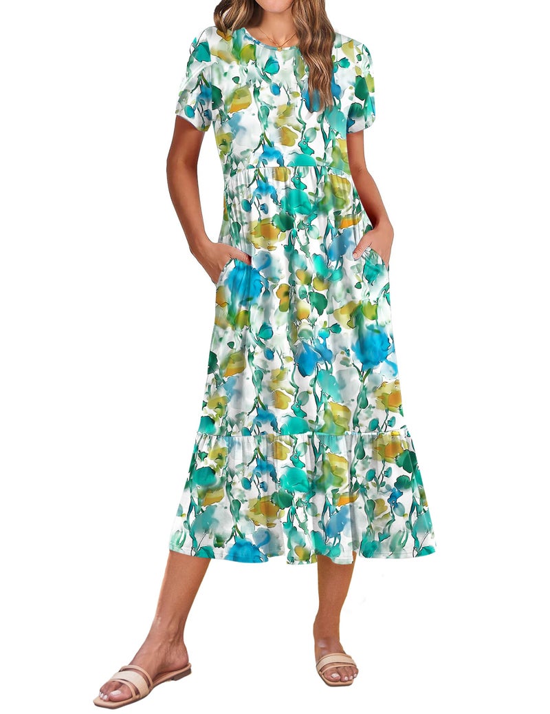 Zeagoo T Shirt Dress for Women Short Sleeve A Line Midi Dresses Summer Casual Loose Tiered Dress with Pockets 2026 Trendy Shift Flowy Swing Dress Blue Brown Floral M - Image 1