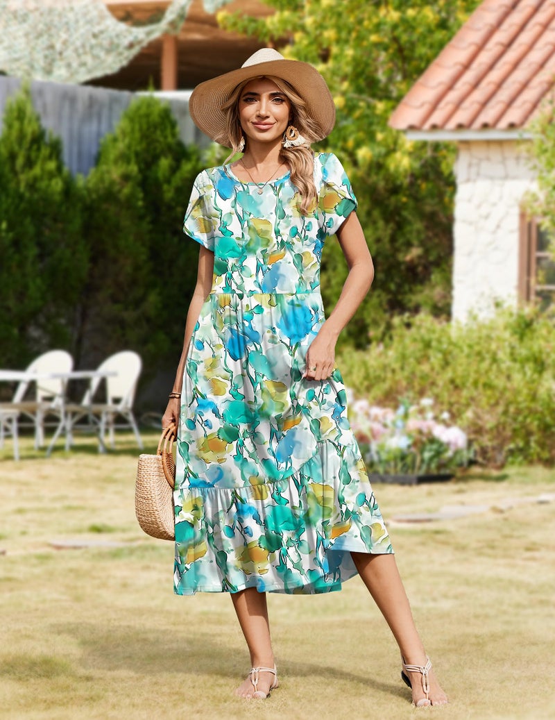Zeagoo T Shirt Dress for Women Short Sleeve A Line Midi Dresses Summer Casual Loose Tiered Dress with Pockets 2026 Trendy Shift Flowy Swing Dress Blue Brown Floral M - Image 4