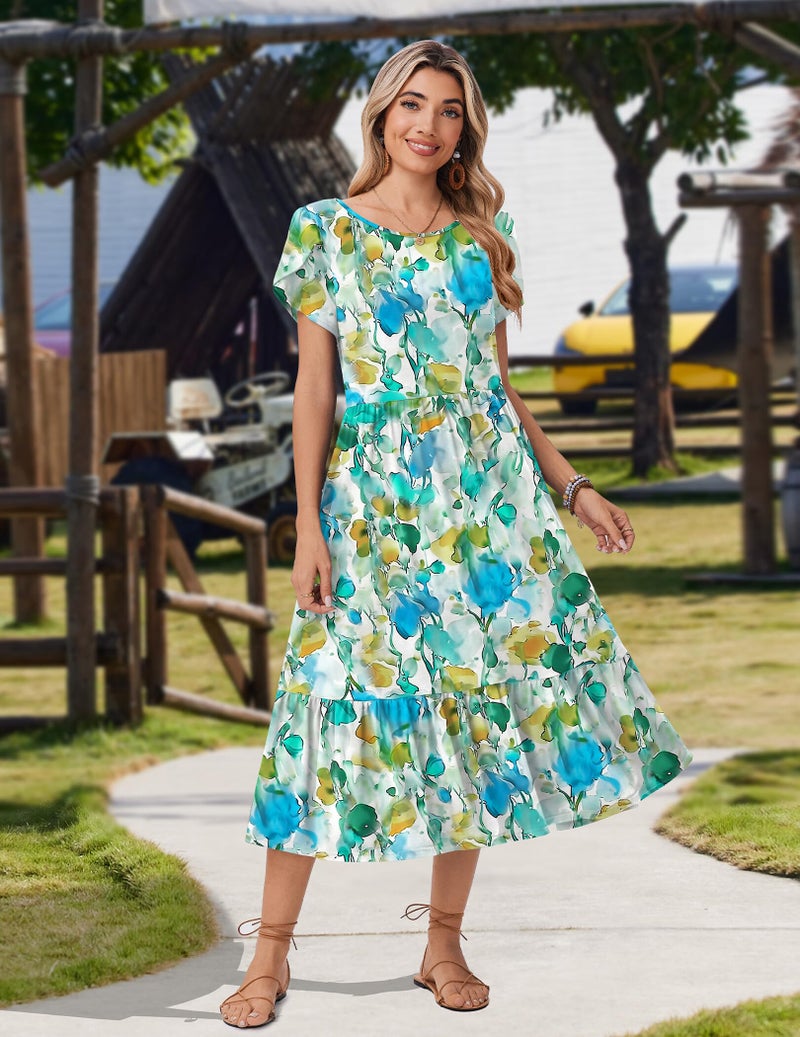 Zeagoo T Shirt Dress for Women Short Sleeve A Line Midi Dresses Summer Casual Loose Tiered Dress with Pockets 2026 Trendy Shift Flowy Swing Dress Blue Brown Floral M - Image 2