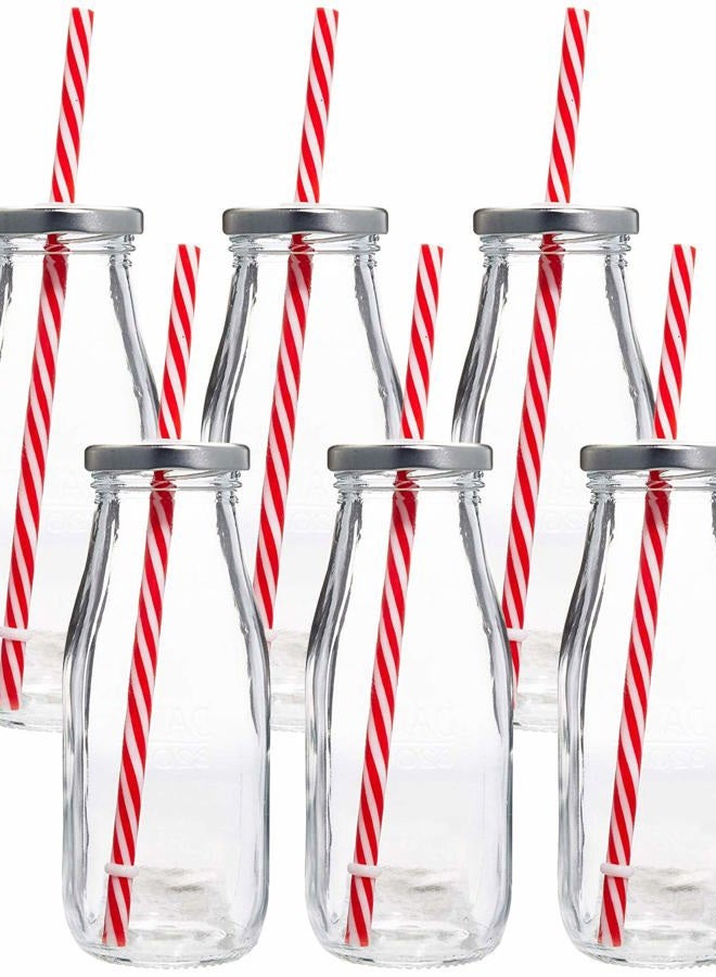 Estilo Glass Milk Bottle with Lid - Milk Glass - Reusable Glass Bottle for Dairy Milk With Straws & Metal Screw On Lids, 10.5 Ounce, Clear, Set of 6 - Image 1