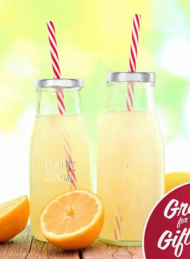 Estilo Glass Milk Bottle with Lid - Milk Glass - Reusable Glass Bottle for Dairy Milk With Straws & Metal Screw On Lids, 10.5 Ounce, Clear, Set of 6 - Image 5