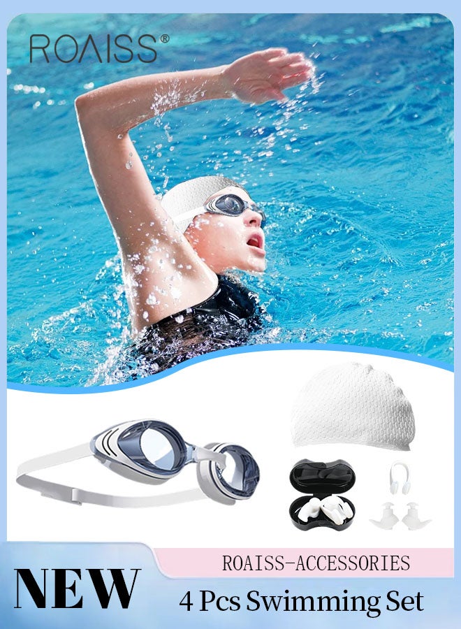 رويس مجموعة نظارات سباحة للبالغين مكونة من 4 قطع، نظارات سباحة واسعة الرؤية مضادة للضباب عالية الوضوح، معدات سباحة داخلية وخارجية بما في ذلك النظارة وقبعة السباحة ومشبك الأنف وسدادات الأذن - Image 1