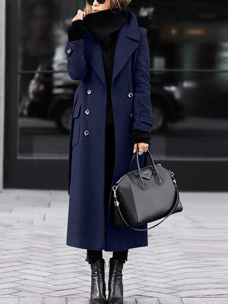 ebossy Women s Winter Double Breasted Wool Coat Elegant Notched Lapel Belted Mid Long Pea Trench Coat (M, Navy Blue) - Image 2