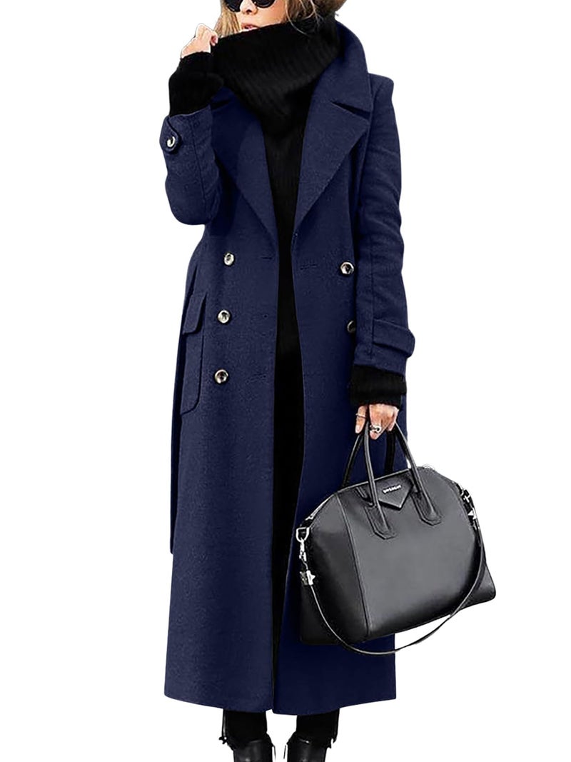 ebossy Women s Winter Double Breasted Wool Coat Elegant Notched Lapel Belted Mid Long Pea Trench Coat (M, Navy Blue) - Image 1