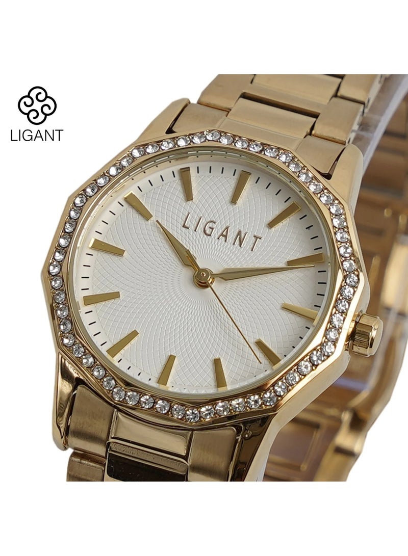 LIGANT Luxury Women's Watch in Gold Tone Stainless Steel - Adorned with Rhodium-Plated Stones - Elegant Modern Design for Events - Image 2