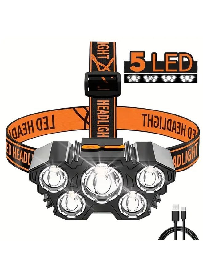 1 Pack USB Fast Charging Headlamp With 5 LED Modes Type C Compact For Construction - Image 3