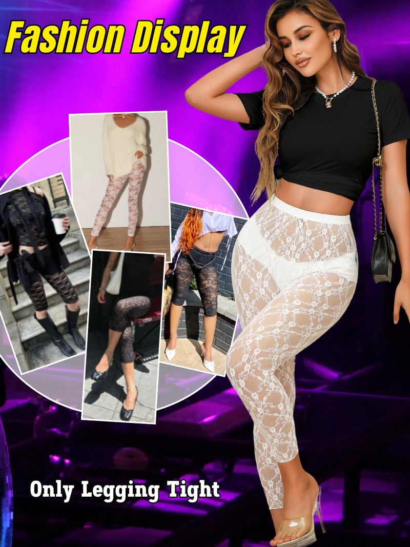 ShawGobow Floral Lace Leggings,High Waisted Footless Tights for Women,Sheer Mesh Pants Bridal Date Night Concert White Medium - Image 5