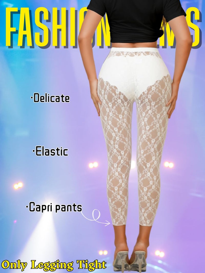 ShawGobow Floral Lace Leggings,High Waisted Footless Tights for Women,Sheer Mesh Pants Bridal Date Night Concert White Medium - Image 3