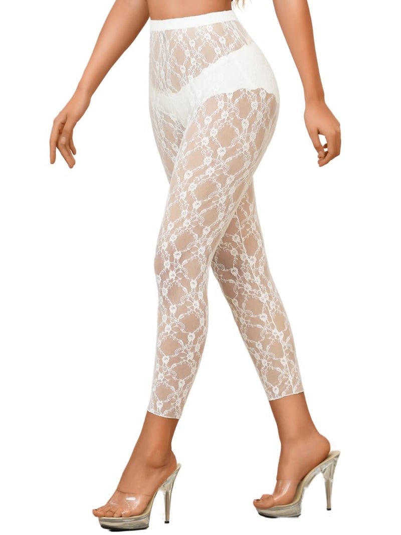ShawGobow Floral Lace Leggings,High Waisted Footless Tights for Women,Sheer Mesh Pants Bridal Date Night Concert White Medium - Image 1