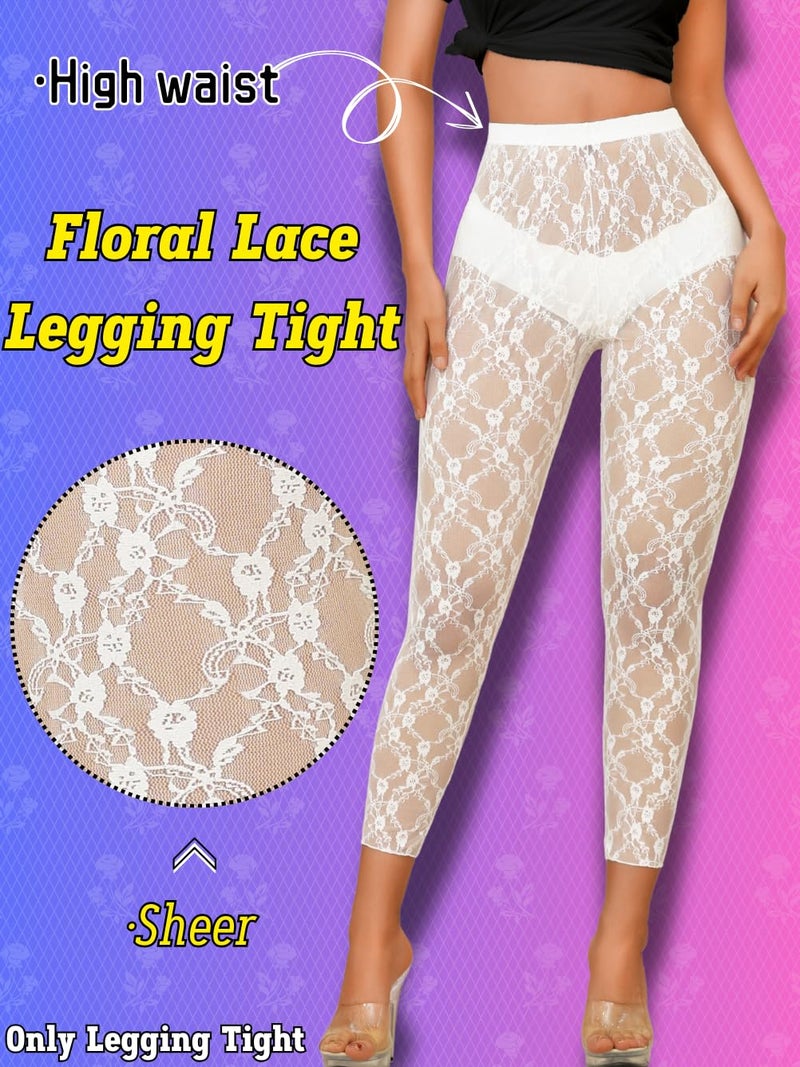 ShawGobow Floral Lace Leggings,High Waisted Footless Tights for Women,Sheer Mesh Pants Bridal Date Night Concert White Medium - Image 2