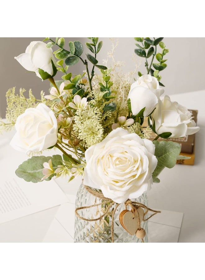 Fake Flowers, Silk Roses Artificial Flowers, White Faux Flower Arrangement Suitable for Home Office Decoration, Dining Table Centerpiece (No Vase) - Image 1