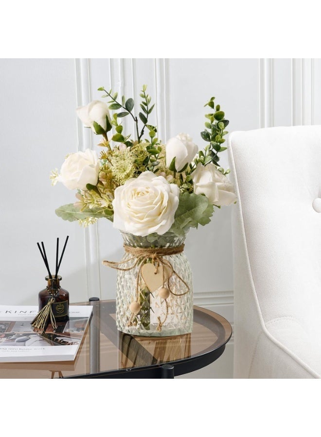 Fake Flowers, Silk Roses Artificial Flowers, White Faux Flower Arrangement Suitable for Home Office Decoration, Dining Table Centerpiece (No Vase) - Image 4