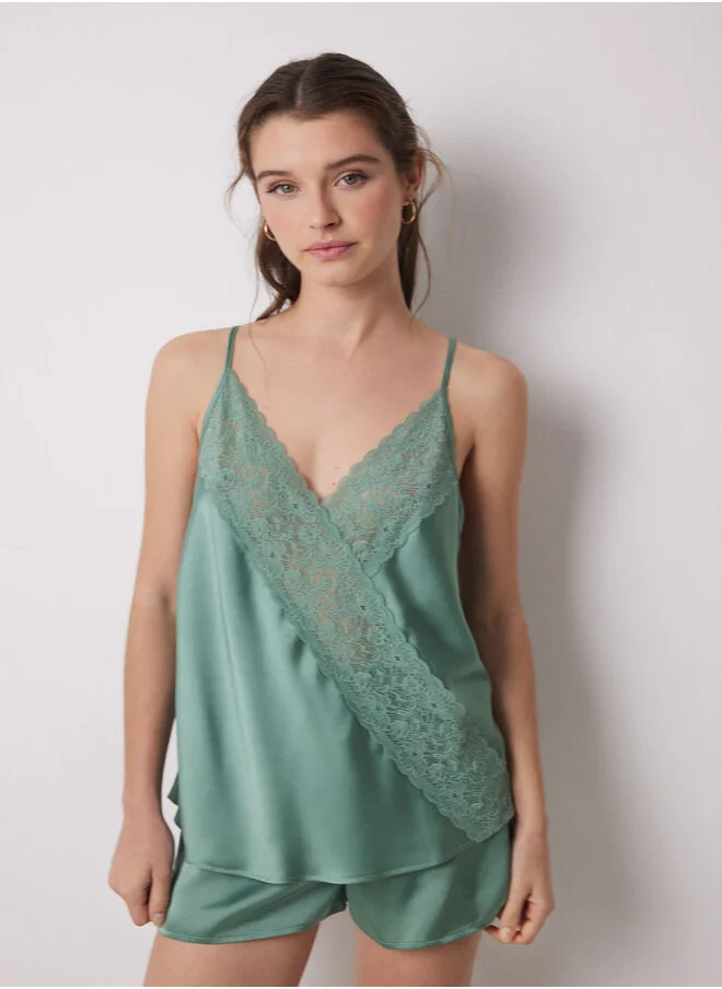 women'secret Short green satin and lace pajamas