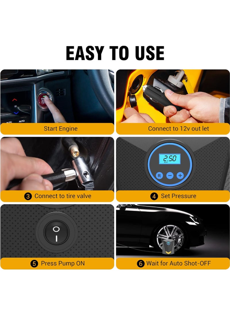 Rock Pow Digital Car Tyre Inflator Air Compressor Portable 150PSI DC12V Air Pump 9.5FT Cord with Digital Pressure Display and 3 Nozzle LED light Valve Adaptors for Car/Bike/Ball (Fast Inflation/19mm)  - Image 4