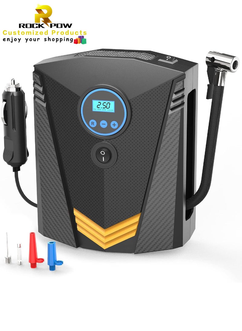 Rock Pow Digital Car Tyre Inflator Air Compressor Portable 150PSI DC12V Air Pump 9.5FT Cord with Digital Pressure Display and 3 Nozzle LED light Valve Adaptors for Car/Bike/Ball (Fast Inflation/19mm)  - Image 1