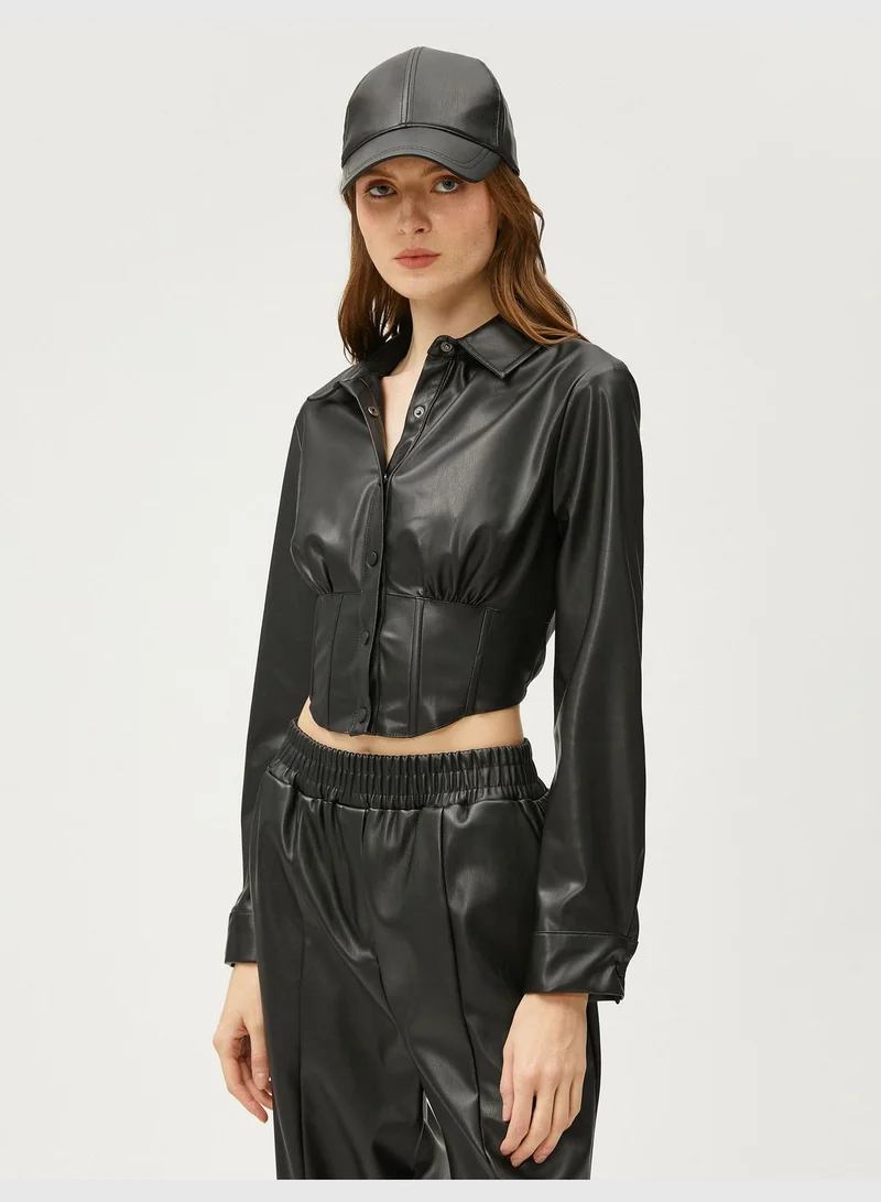 KOTON Crop Shirt Faux Leather Corset Detail