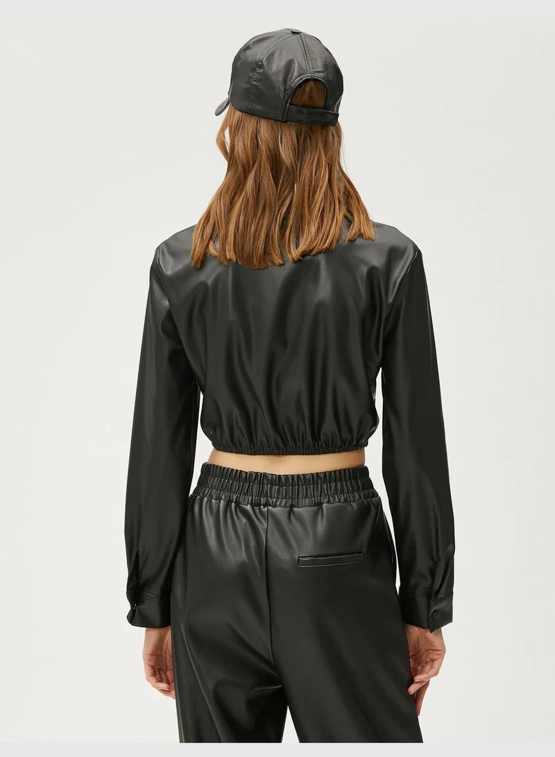 KOTON Crop Shirt Faux Leather Corset Detail