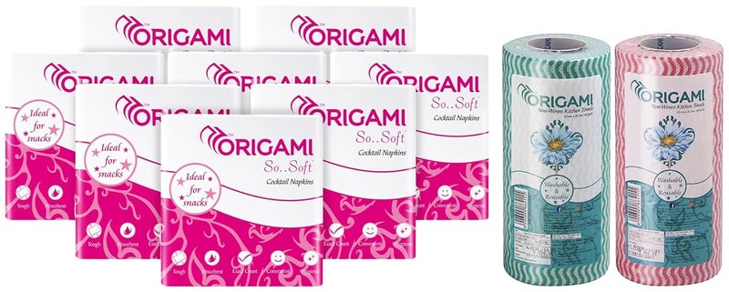 Origami 1 Ply Tissue Paper Napkins - Pack of 8 (100 Pulls Per Pack, 800 Sheets) & Non Woven Reusable Kitchen Towel Roll - Pack of 2 (80 Pulls Per Roll, 160 Sheets) - Image 1