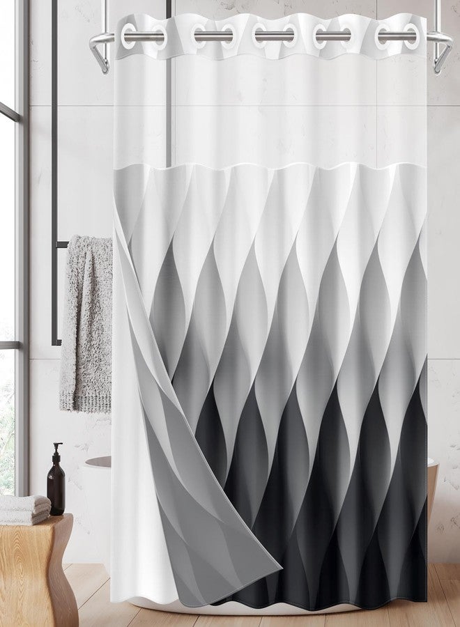 Nesphy No Hook Black White Modern Shower Curtain with Snap in Fabric Liner Set, Grey Geometric Ombre Double Layers Waterproof Fabric with See Through Top Window Bath Curtain 71x74 Inch - Image 1