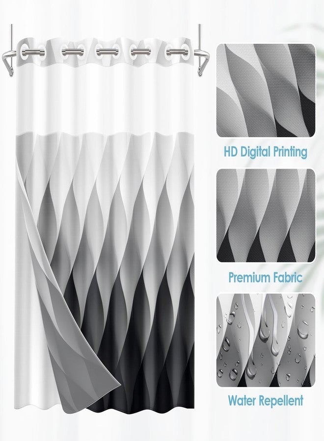 Nesphy No Hook Black White Modern Shower Curtain with Snap in Fabric Liner Set, Grey Geometric Ombre Double Layers Waterproof Fabric with See Through Top Window Bath Curtain 71x74 Inch - Image 4