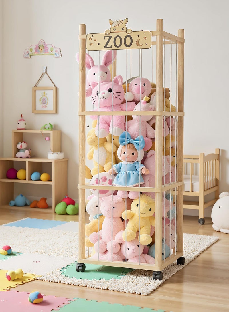 XICEN Wooden Toys Organizer, Large Stuffed Animal Organizer with Elastic Cords and Wheels, Kids Toy Storage Organizer, for Plushies Storage in Playroom, Bedroom and Nursery - Image 1