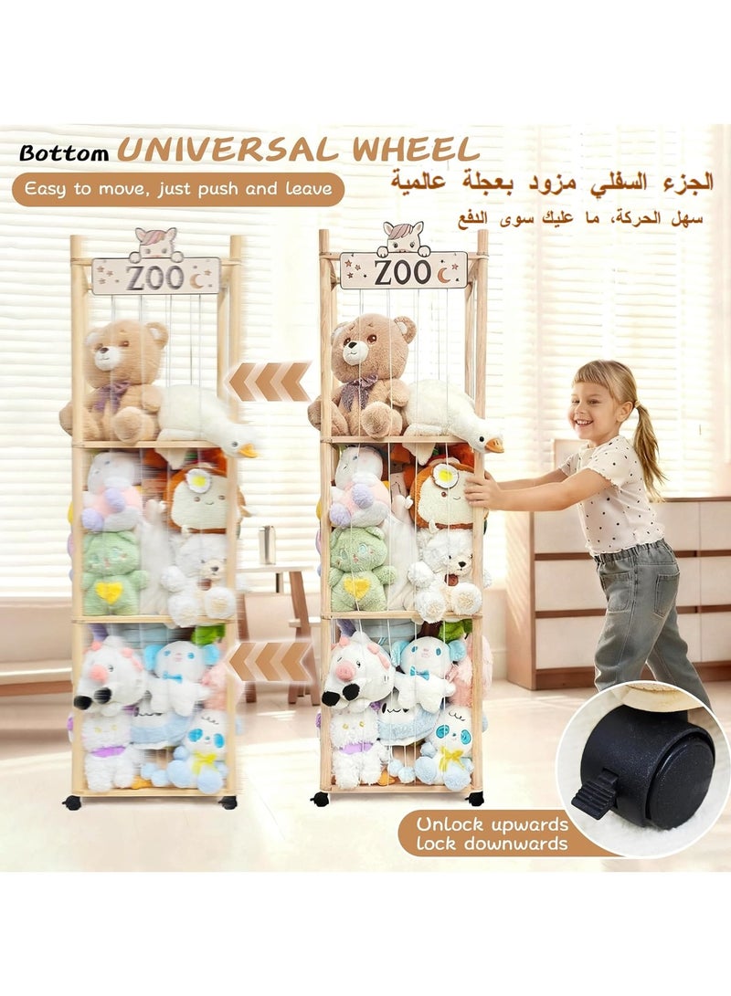 XICEN Wooden Toys Organizer, Large Stuffed Animal Organizer with Elastic Cords and Wheels, Kids Toy Storage Organizer, for Plushies Storage in Playroom, Bedroom and Nursery - Image 2