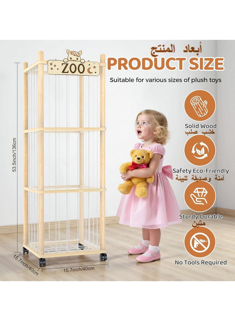 XICEN Wooden Toys Organizer, Large Stuffed Animal Organizer with Elastic Cords and Wheels, Kids Toy Storage Organizer, for Plushies Storage in Playroom, Bedroom and Nursery - Image 4