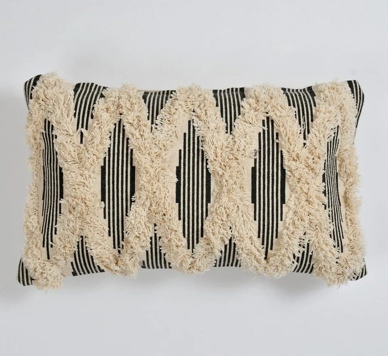pepme pepme Cotton Tufted Black White Lines Cushion Cover 20x12 Inches Pack of 1  - Image 2