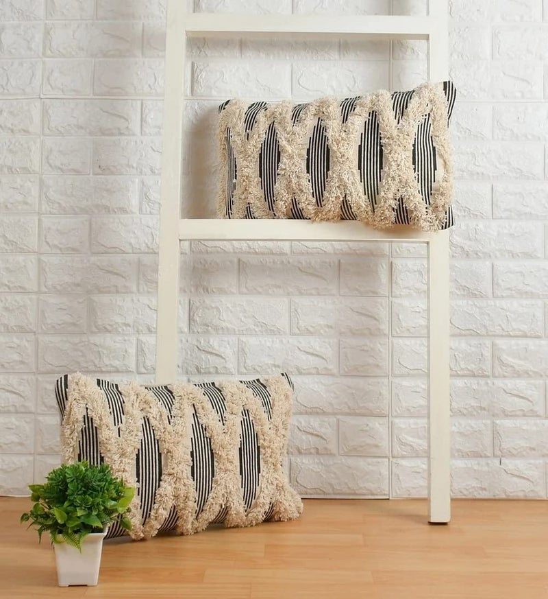 pepme pepme Cotton Tufted Black White Lines Cushion Cover 20x12 Inches Pack of 1  - Image 1