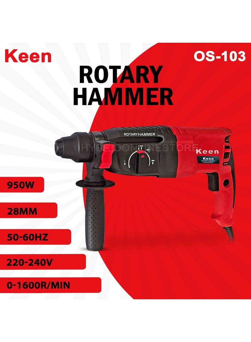 Keen 950 WATT / 28mm Rotary Hammer Drill with 9 pcs accessories for Wall, Steel, Aluminum works, 950W / 220-240V / 50-60Hz / 1600rpm - min / 28 mm - Red Color, Model: OS-103 - Image 2