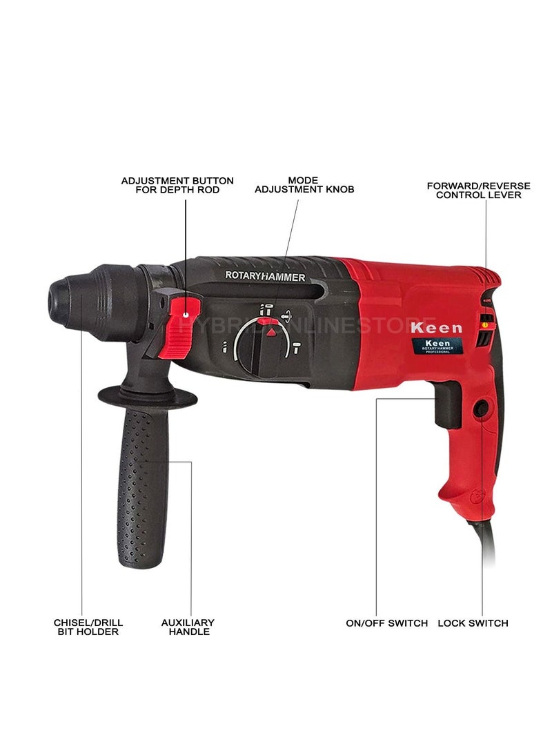 Keen 950 WATT / 28mm Rotary Hammer Drill with 9 pcs accessories for Wall, Steel, Aluminum works, 950W / 220-240V / 50-60Hz / 1600rpm - min / 28 mm - Red Color, Model: OS-103 - Image 3