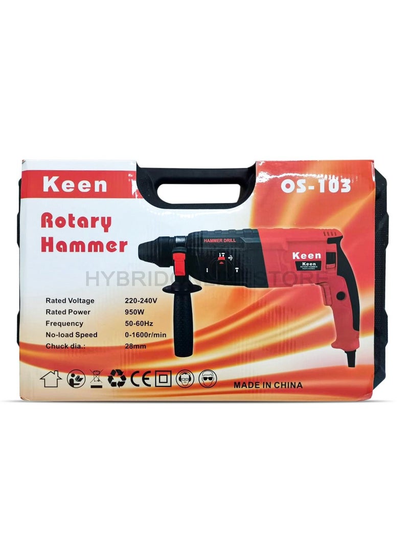 Keen 950 WATT / 28mm Rotary Hammer Drill with 9 pcs accessories for Wall, Steel, Aluminum works, 950W / 220-240V / 50-60Hz / 1600rpm - min / 28 mm - Red Color, Model: OS-103 - Image 5