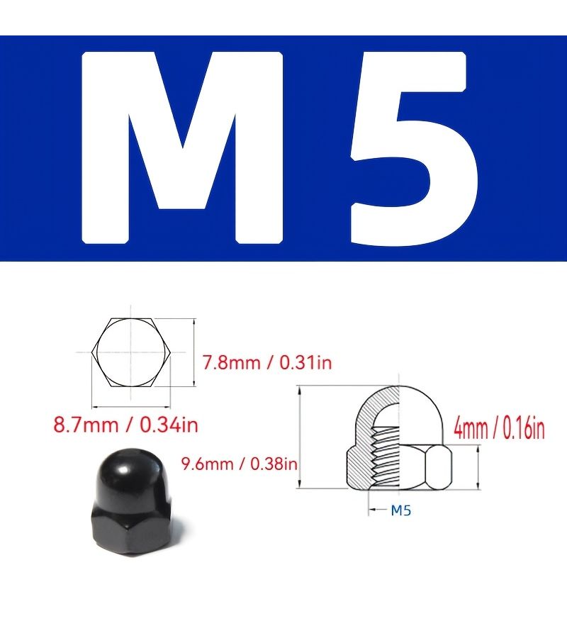 304 Stainless Steel A2 70 Grade Hexagonal Cap Nuts Black M5 8 Pcs DIN1587 Decorative Cover Dome Nuts - Image 2