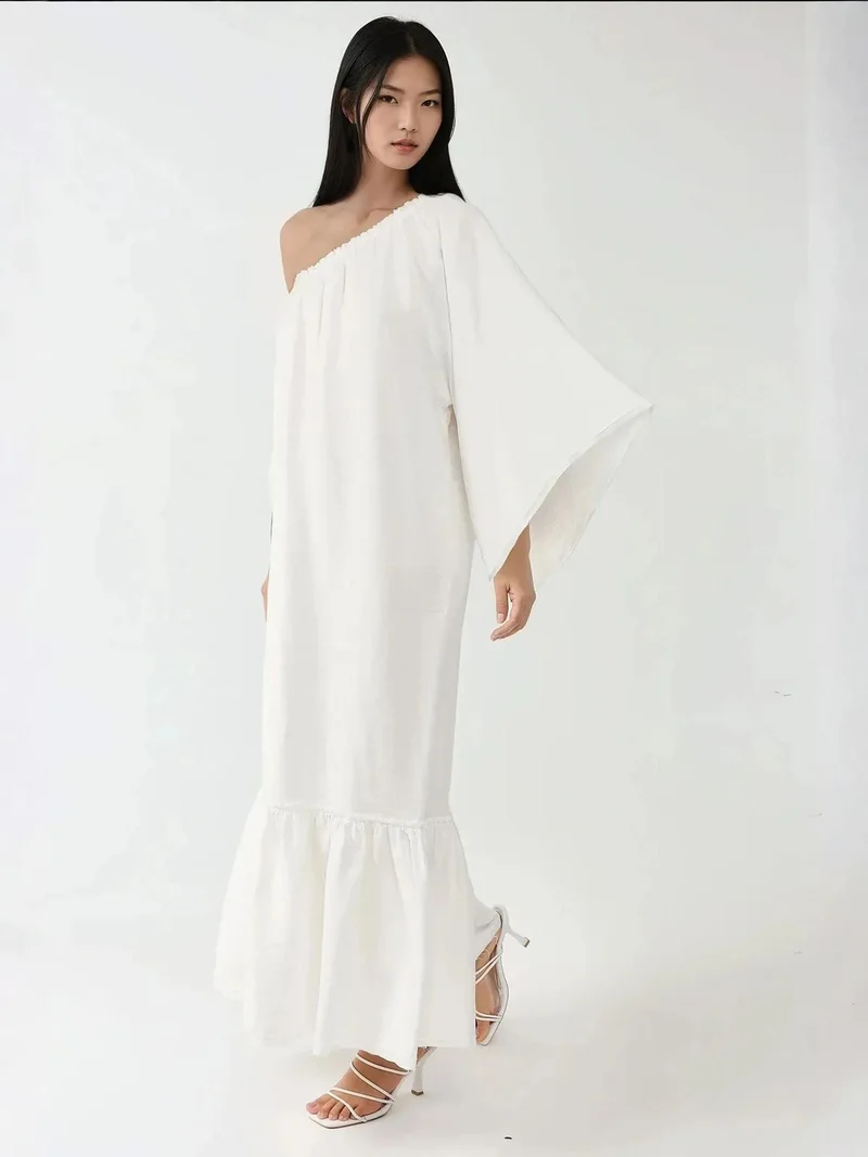 HICCUP Asymmetrical Collar Off Shoulder Maxi Dress
