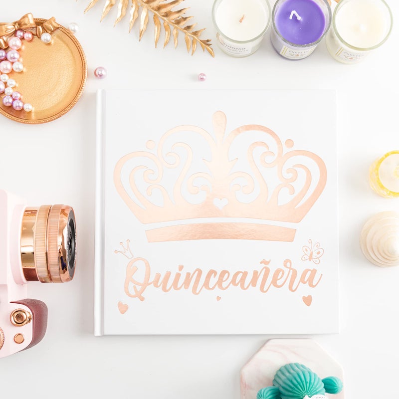 Calculs Mis Quince 15th Birthday Picture Book centros de mesa para 15 anos quinceaneras Party Guest Book Keepsake 8.5â€ Square Blank Pages White Cover Rose Gold Foiled - Image 4