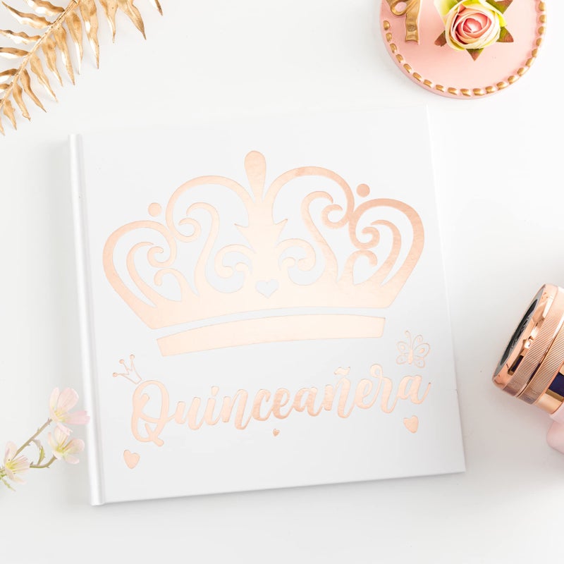 Calculs Mis Quince 15th Birthday Picture Book centros de mesa para 15 anos quinceaneras Party Guest Book Keepsake 8.5â€ Square Blank Pages White Cover Rose Gold Foiled - Image 2